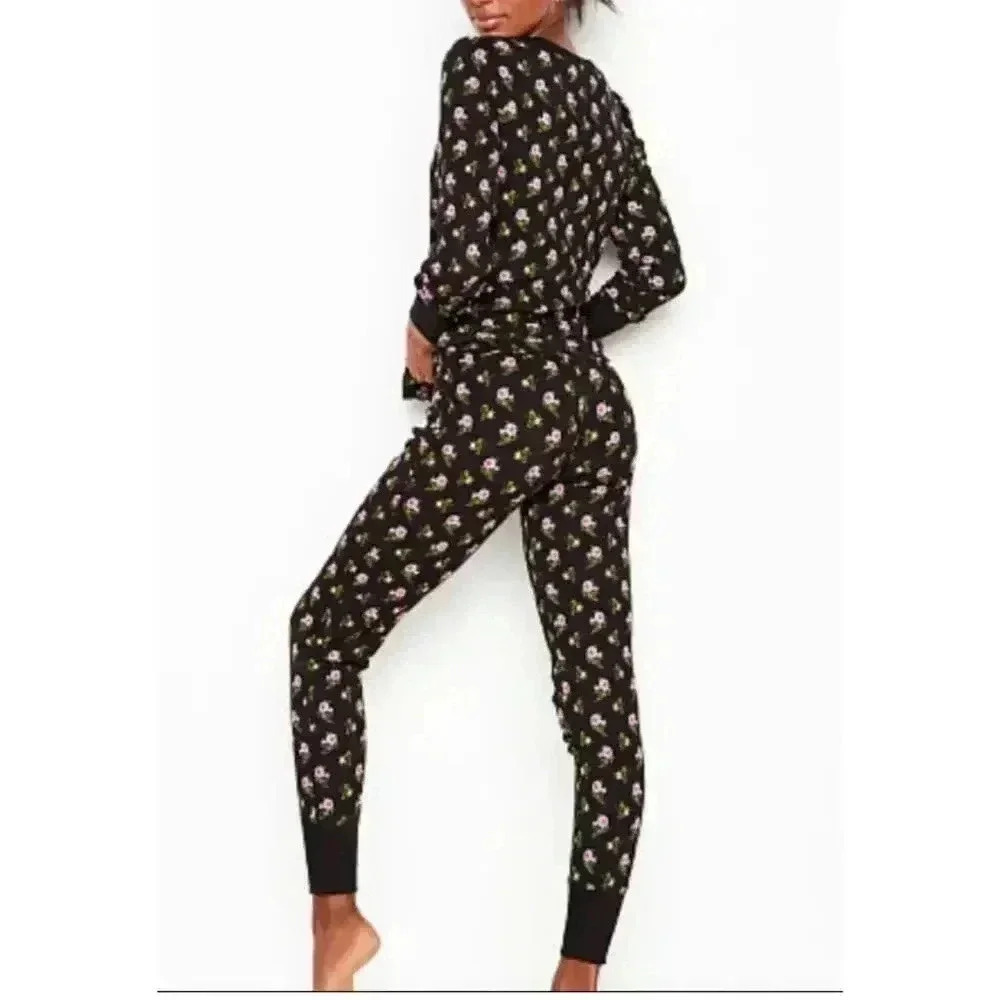 NWT Victoria’s Secret Soft Thermal Long Onesie Black Floral Size XS